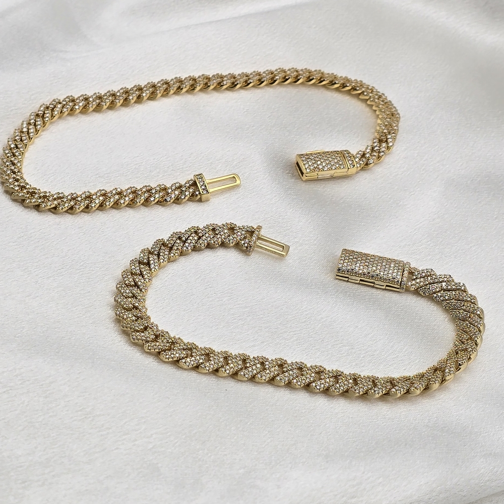 Gold Over Sterling Silver Moissanite Miami Cuban Bracelet & Anklet Set